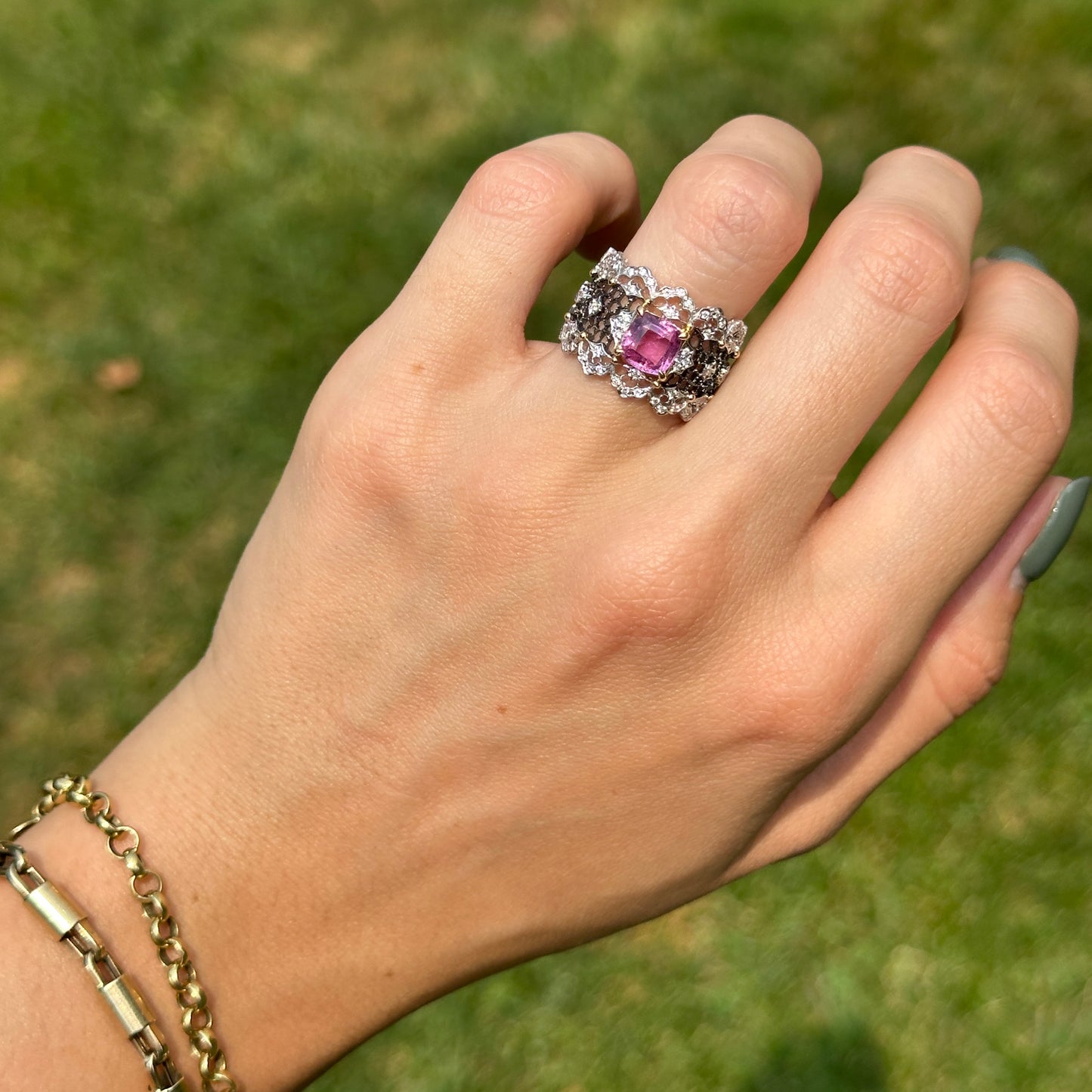Estate 18KT White Gold Cushion Pink Sapphire + Diamond Filigree Ring