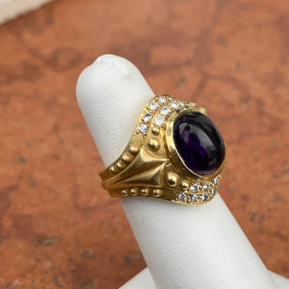 Estate Heavy 18KT Yellow Gold Bezel Cabochon Amethyst Diamond Byzantine Ring