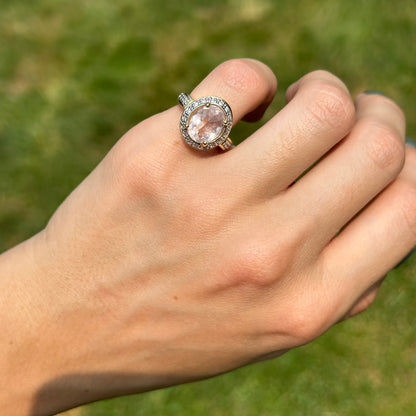 Estate 18KT Yellow Gold Oval Morganite + Diamond Halo Ring