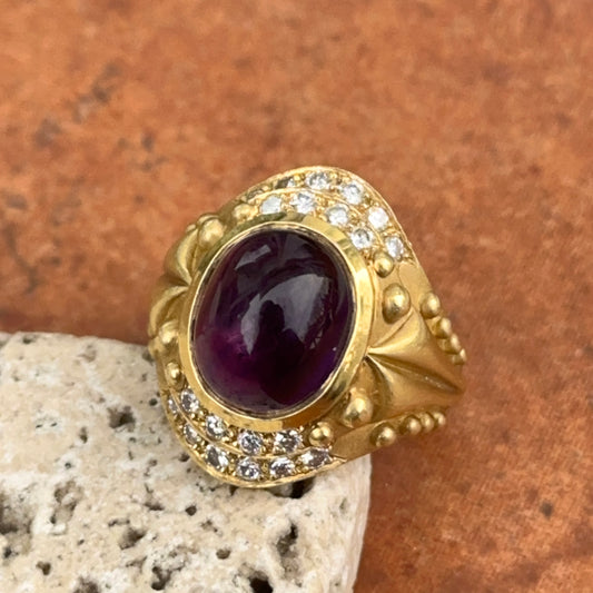 Estate Heavy 18KT Yellow Gold Bezel Cabochon Amethyst Diamond Byzantine Ring