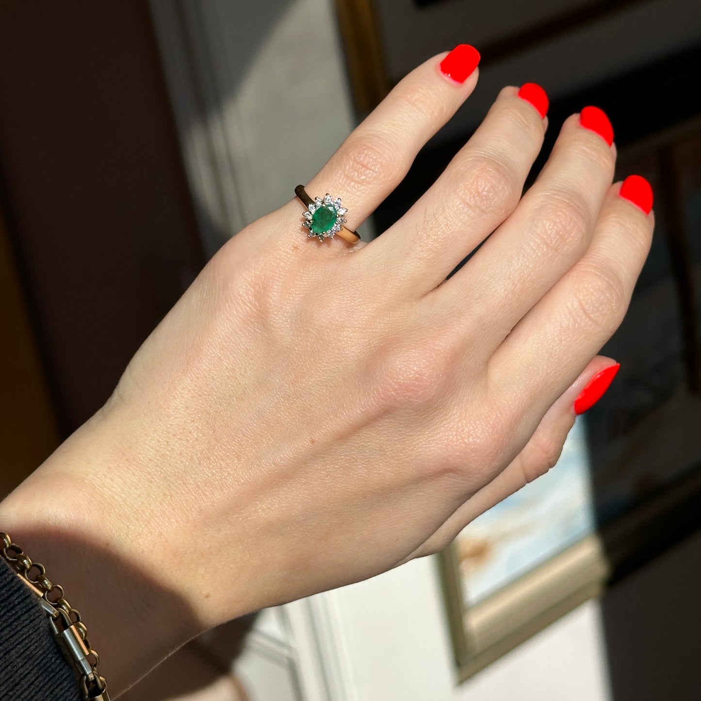 Estate 14KT Yellow Gold Oval .75-1.00CT Emerald + Diamond Halo Ring 4.5 - LSJ