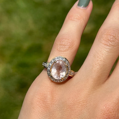 Estate 18KT Yellow Gold Oval Morganite + Diamond Halo Ring