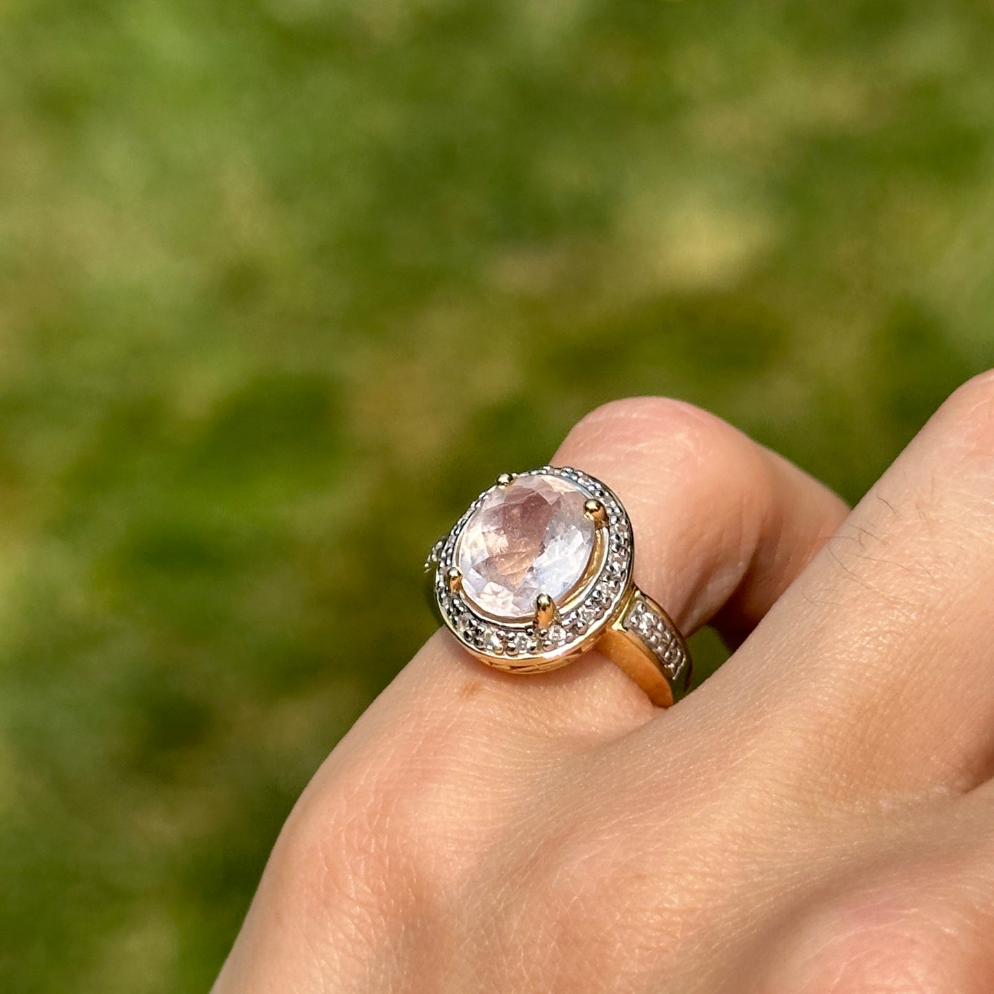 Estate 18KT Yellow Gold Oval Morganite + Diamond Halo Ring
