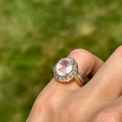 Estate 18KT Yellow Gold Oval Morganite + Diamond Halo Ring