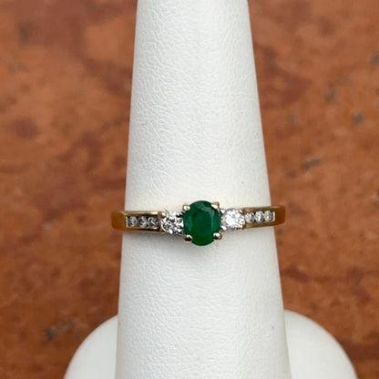 Estate 14KT Yellow Gold Genuine Oval Emerald + Diamond Ring