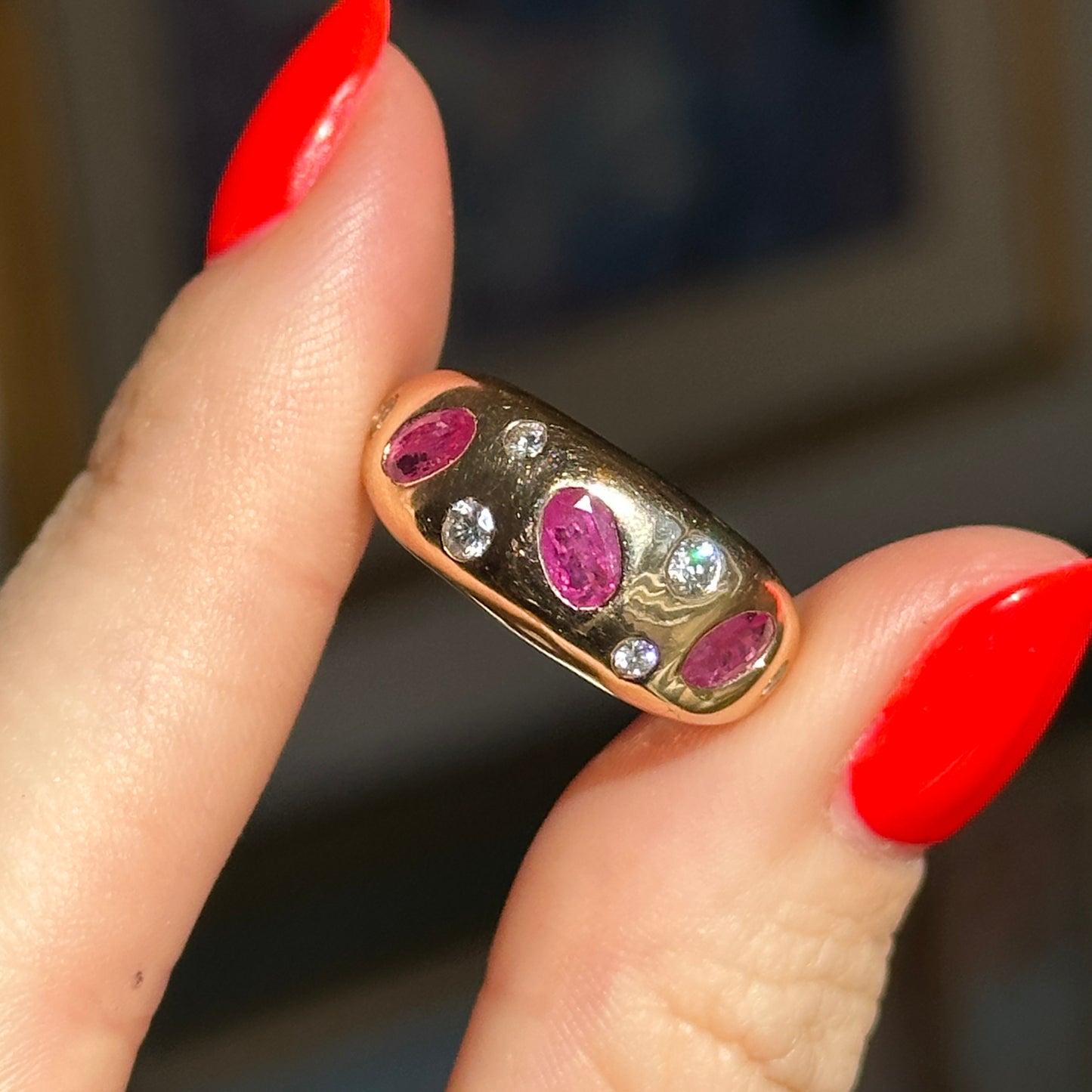 Estate 14KT Yellow Gold Rubies + Diamonds Gypsy Set Domed Band Ring - LSJ