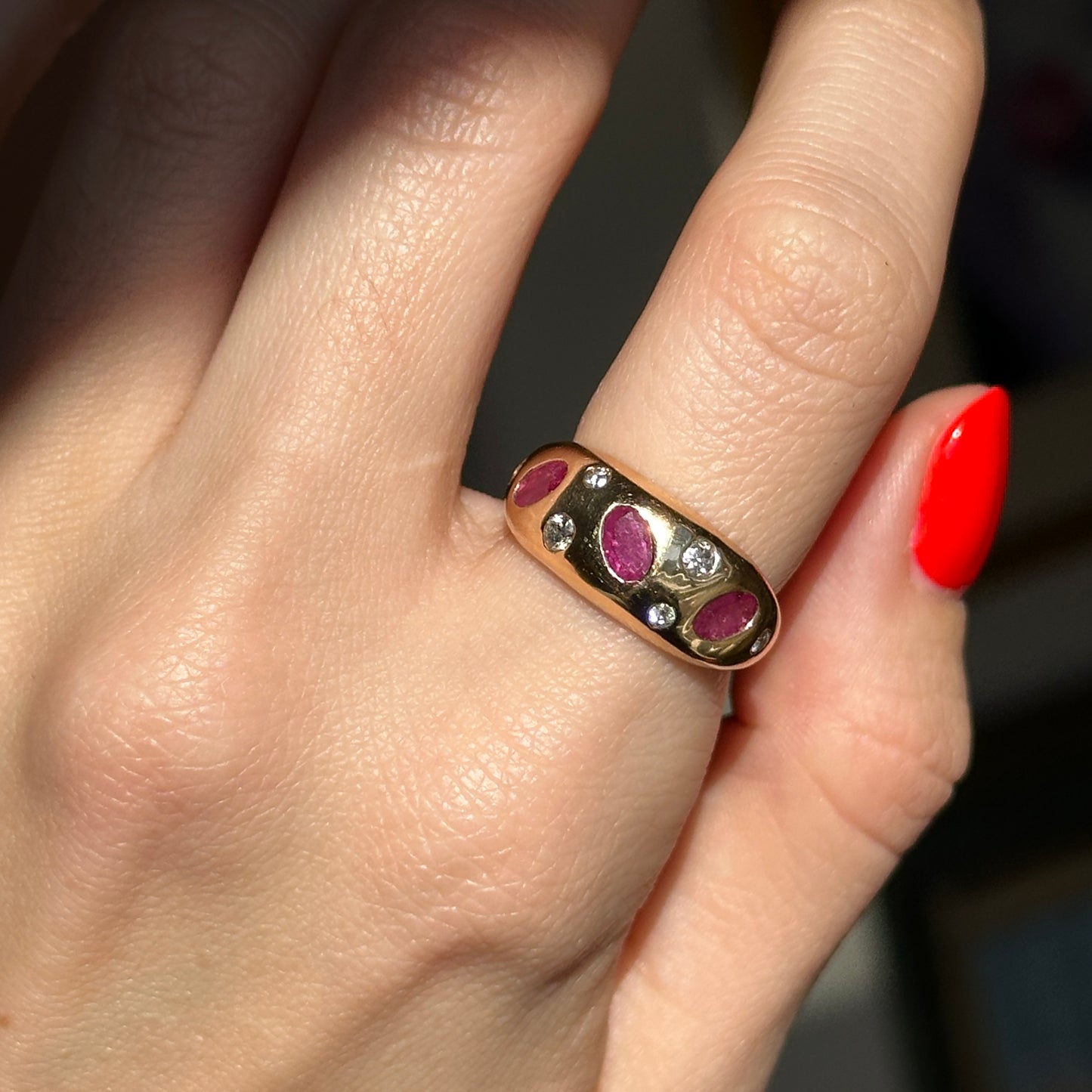 Estate 14KT Yellow Gold Rubies + Diamonds Gypsy Set Domed Band Ring - LSJ