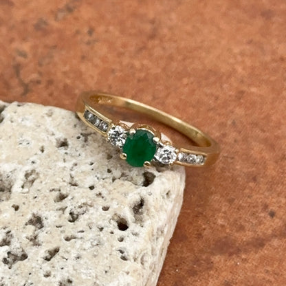 Estate 14KT Yellow Gold Genuine Oval Emerald + Diamond Ring