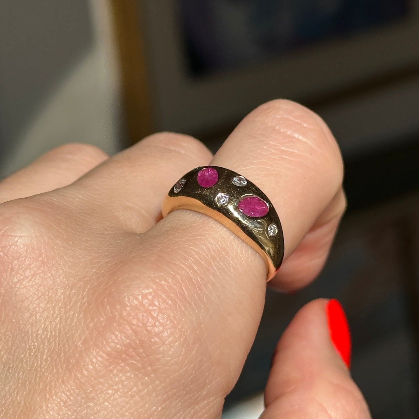 Estate 14KT Yellow Gold Rubies + Diamonds Gypsy Set Domed Band Ring - LSJ