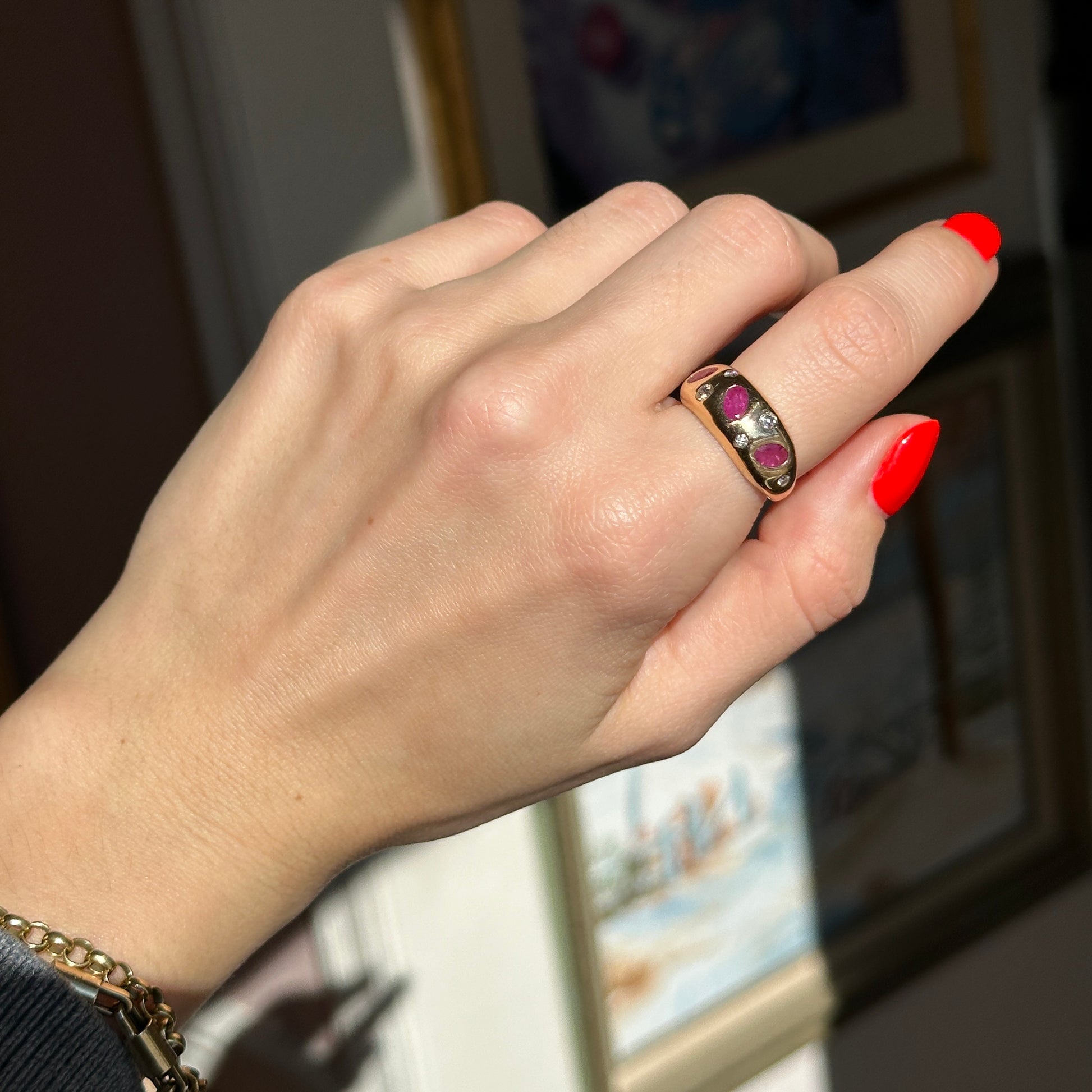 Estate 14KT Yellow Gold Rubies + Diamonds Gypsy Set Domed Band Ring - LSJ