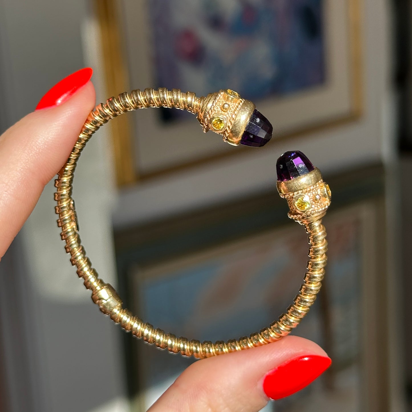 Estate 14KT Yellow Gold Checkerboard Amethyst Briolette + Peridot Bangle Bracelet - LSJ