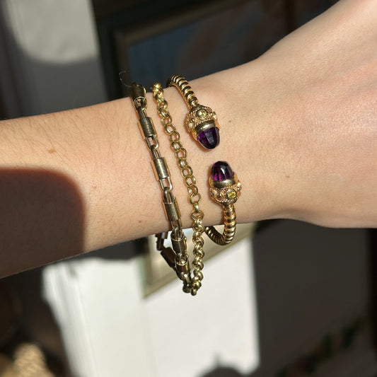 Estate 14KT Yellow Gold Checkerboard Amethyst Briolette + Peridot Bangle Bracelet - LSJ