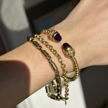 Estate 14KT Yellow Gold Checkerboard Amethyst Briolette + Peridot Bangle Bracelet - LSJ