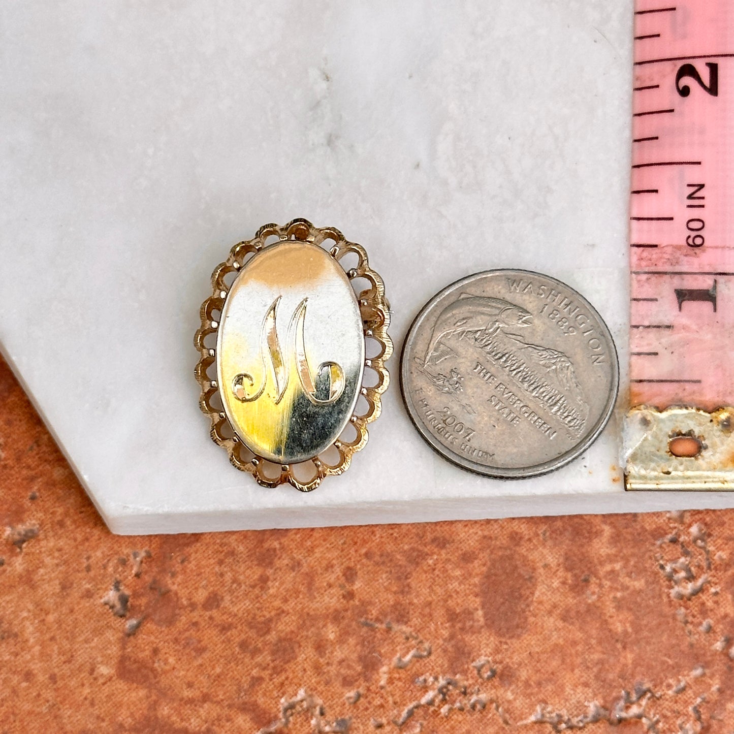 Estate Yellow Gold-Plated Silver Oval Fluted "M" Brooch Pendant