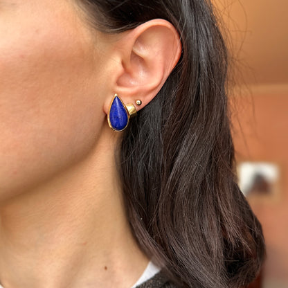 Estate 14KT Yellow Gold Genuine Cobalt Blue Lapis Earrings Teardrop