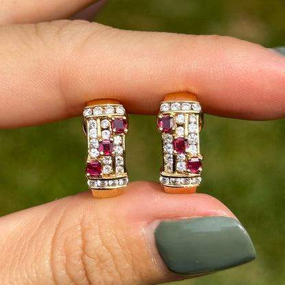 Estate 18KT Yellow gold Ruby + Diamond Omega Back Earrigs