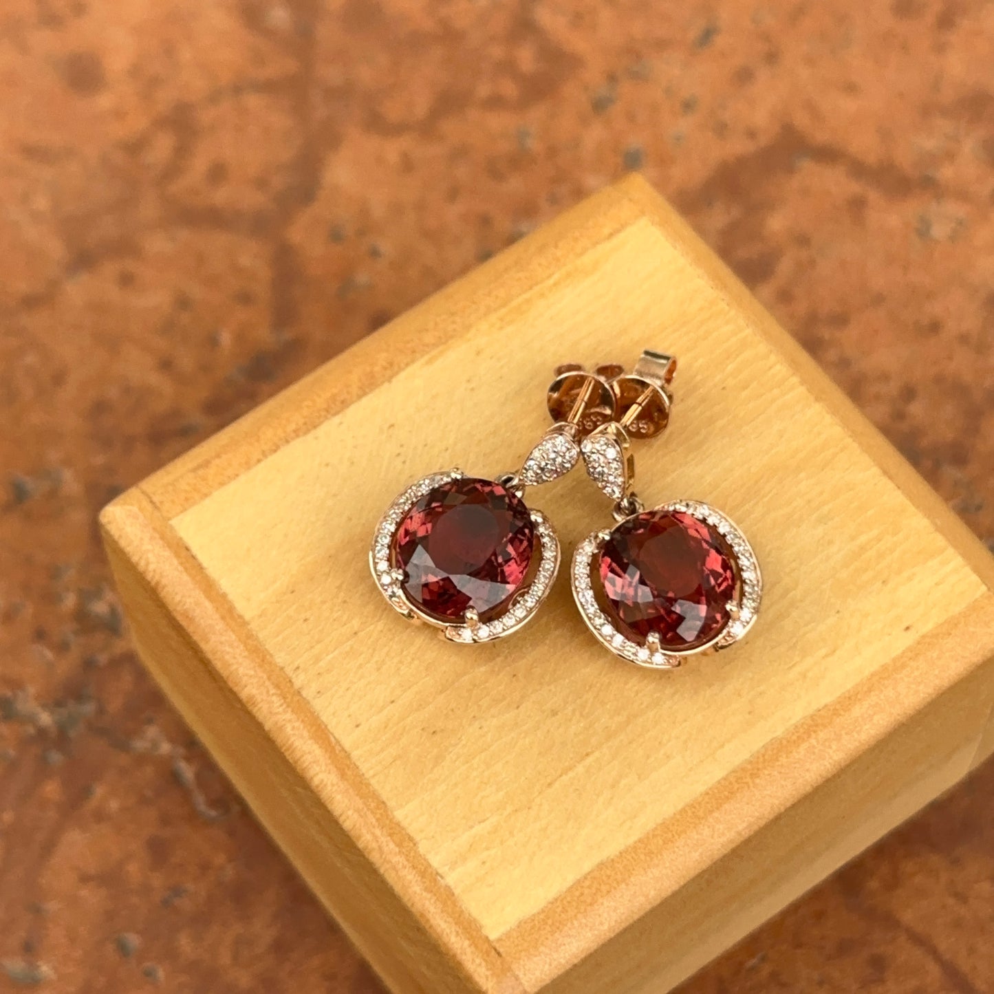 Estate 14KT Rose Gold Pink Tourmaline + Diamond Earrings