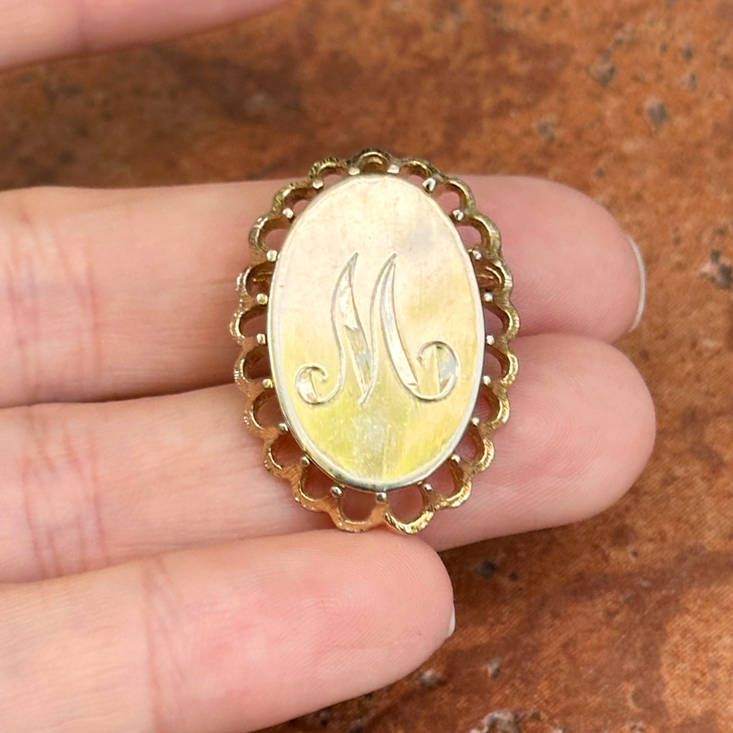 Estate Yellow Gold-Plated Silver Oval Fluted "M" Brooch Pendant