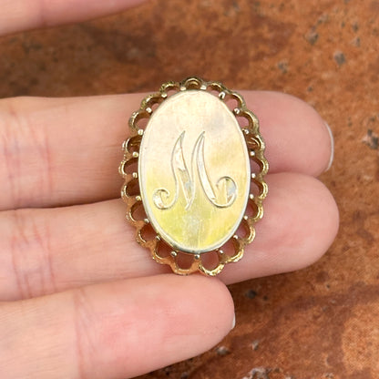 Estate Yellow Gold-Plated Silver Oval Fluted "M" Brooch Pendant