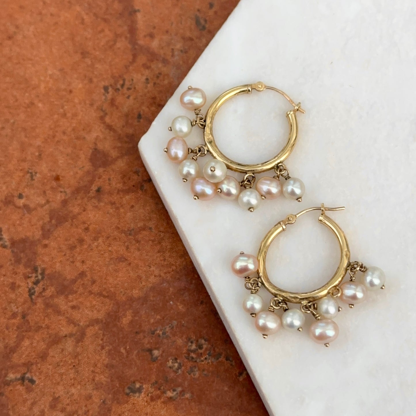 Estate 14KT Yellow Gold Hoop Earrings +  Freshwater Pearl Dangles