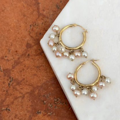 Estate 14KT Yellow Gold Hoop Earrings +  Freshwater Pearl Dangles