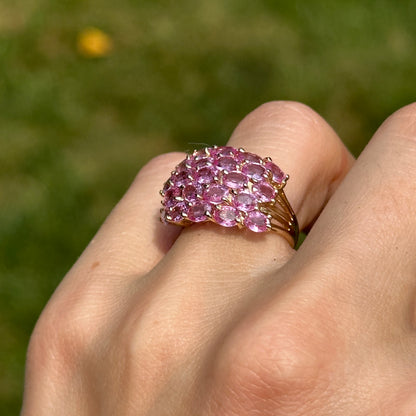 Estate 14KT Yellow Gold Oval 5.75 CT Pink Sapphire Cluster Ring