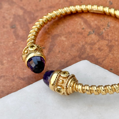 Estate 14KT Yellow Gold Checkerboard Amethyst Briolette + Peridot Bangle Bracelet - LSJ