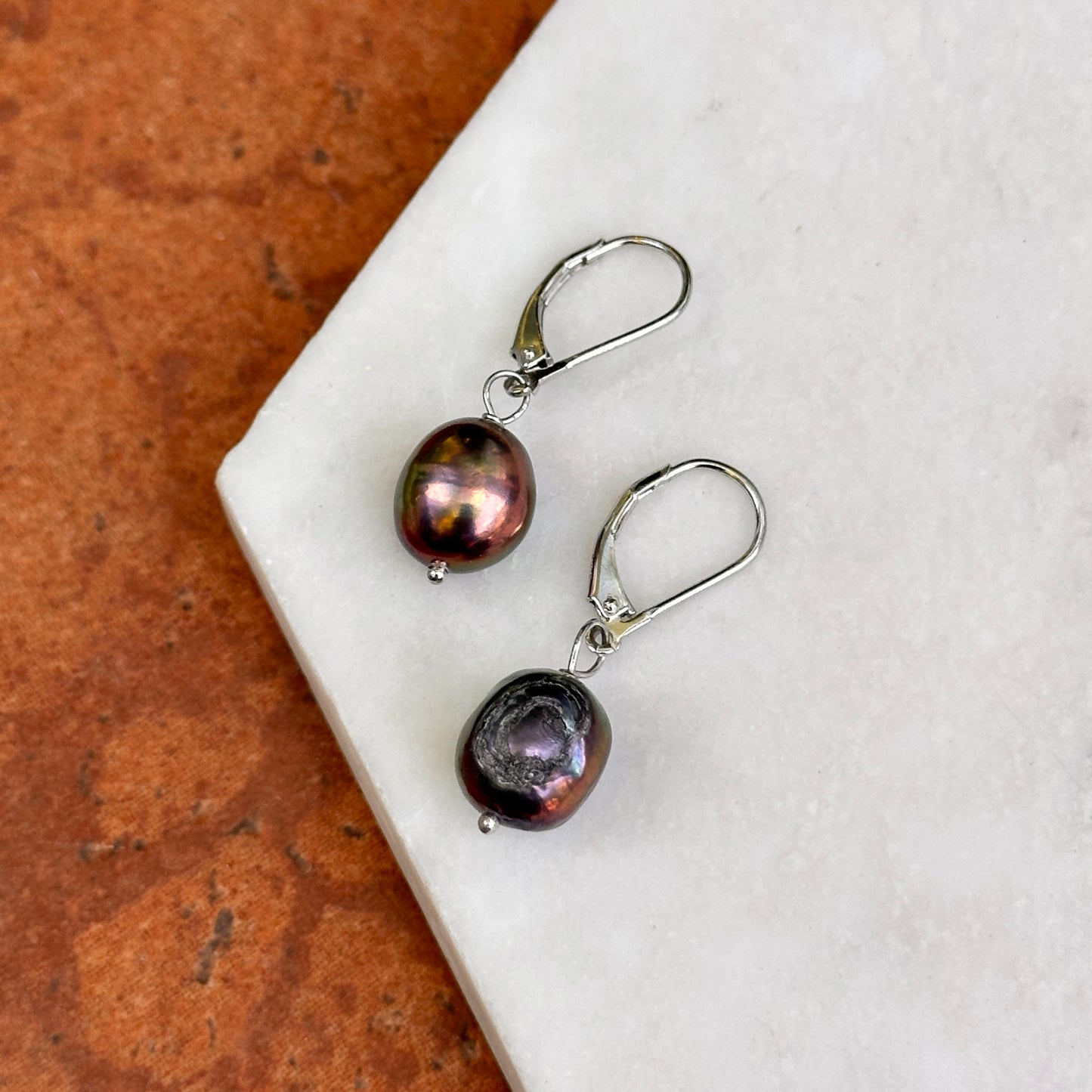 Sterling Silver Black Near Round Pearl Lever Back Dangle Drop Earrings
