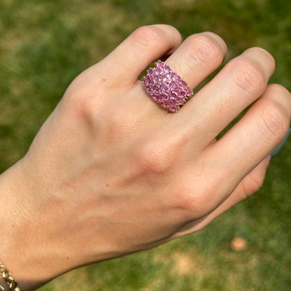 Estate 14KT Yellow Gold Oval 5.75 CT Pink Sapphire Cluster Ring