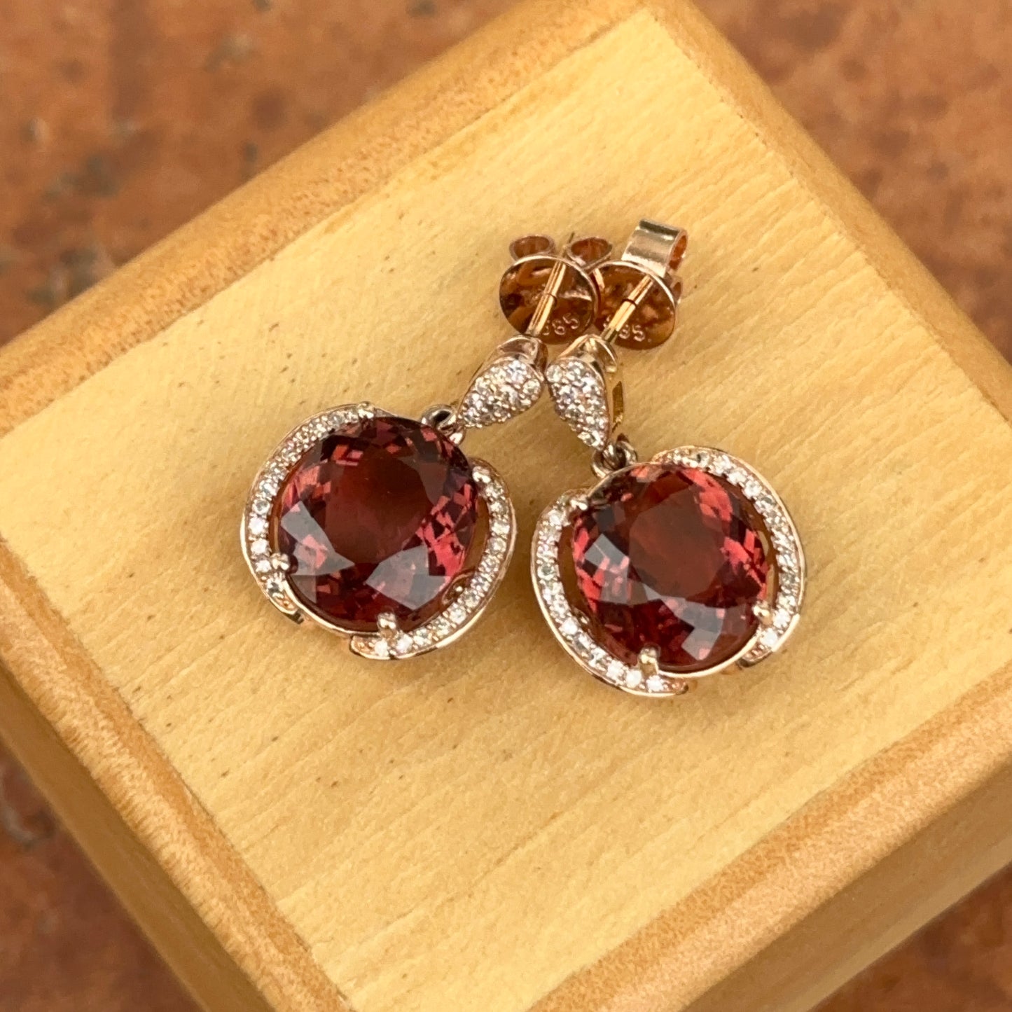 Estate 14KT Rose Gold Pink Tourmaline + Diamond Earrings