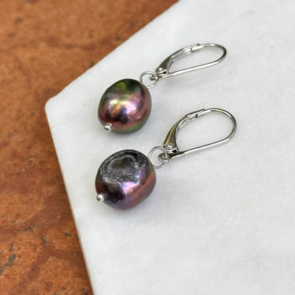 Sterling Silver Black Near Round Pearl Lever Back Dangle Drop Earrings