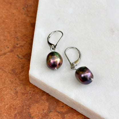 Sterling Silver Black Near Round Pearl Lever Back Dangle Drop Earrings