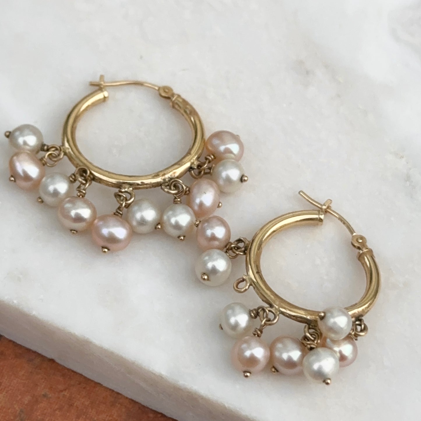 Estate 14KT Yellow Gold Hoop Earrings +  Freshwater Pearl Dangles