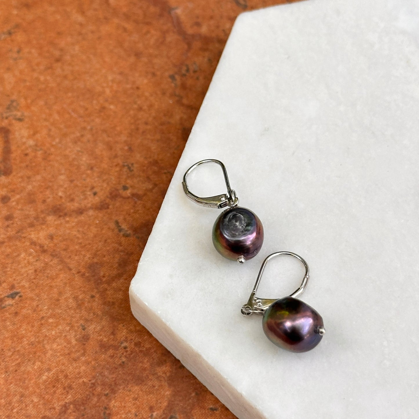 Sterling Silver Black Near Round Pearl Lever Back Dangle Drop Earrings