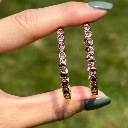 Estate 18KT Yellow Gold Bezel Pink Tourmaline Hoop Earrings