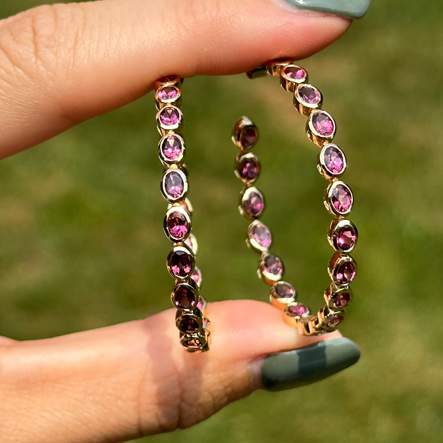 Estate 18KT Yellow Gold Bezel Pink Tourmaline Hoop Earrings