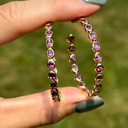 Estate 18KT Yellow Gold Bezel Pink Tourmaline Hoop Earrings