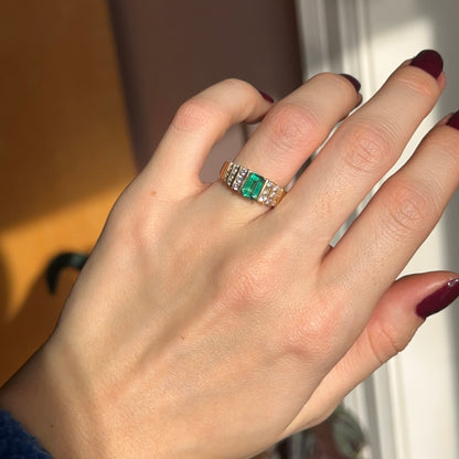 Estate 14KT Yellow Gold Emerald-Cut Lab Emerald + 6-Row Diamond Ring