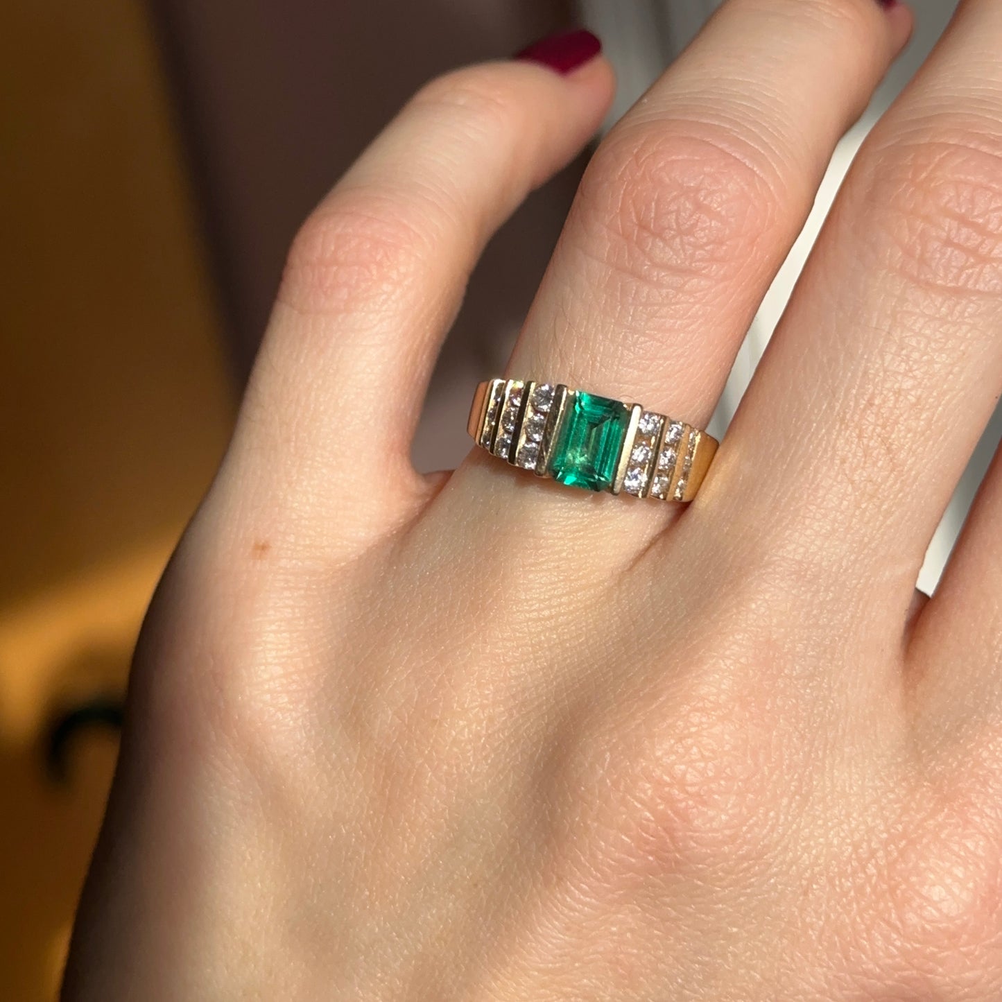 Estate 14KT Yellow Gold Emerald-Cut Lab Emerald + 6-Row Diamond Ring