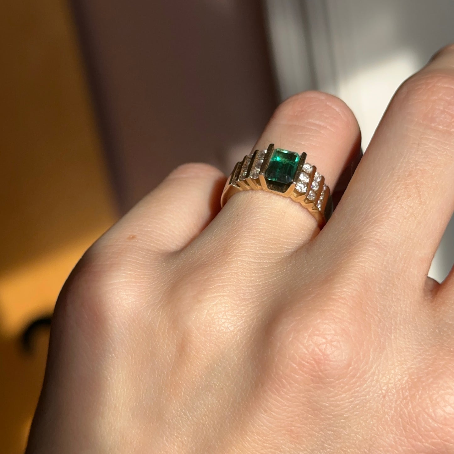 Estate 14KT Yellow Gold Emerald-Cut Lab Emerald + 6-Row Diamond Ring