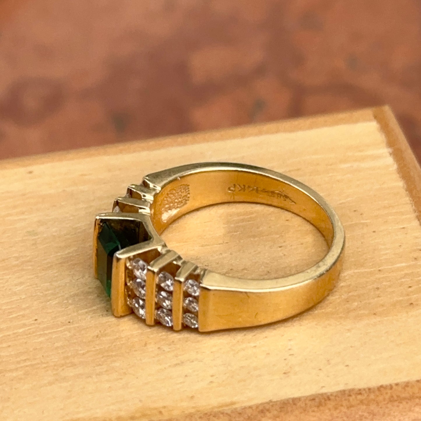 Estate 14KT Yellow Gold Emerald-Cut Lab Emerald + 6-Row Diamond Ring