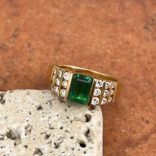 Estate 14KT Yellow Gold Emerald-Cut Lab Emerald + 6-Row Diamond Ring