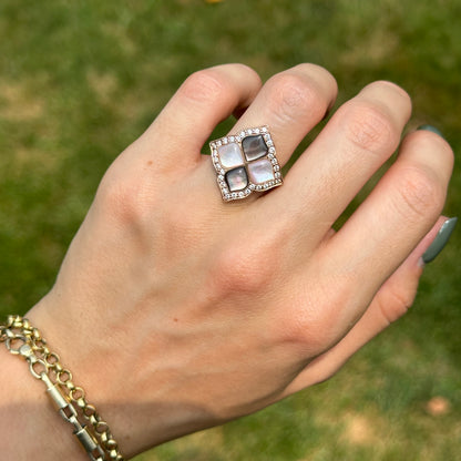 Estate 14KT Rose Gold Mother of Pearl + Diamond Leaf Ring