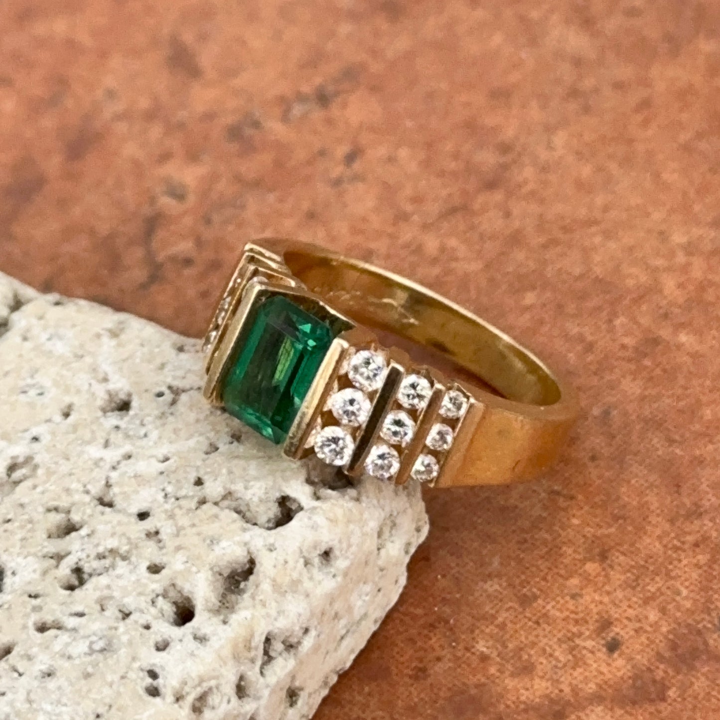 Estate 14KT Yellow Gold Emerald-Cut Lab Emerald + 6-Row Diamond Ring