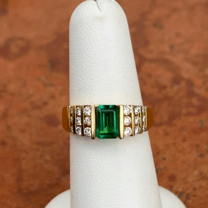 Estate 14KT Yellow Gold Emerald-Cut Lab Emerald + 6-Row Diamond Ring