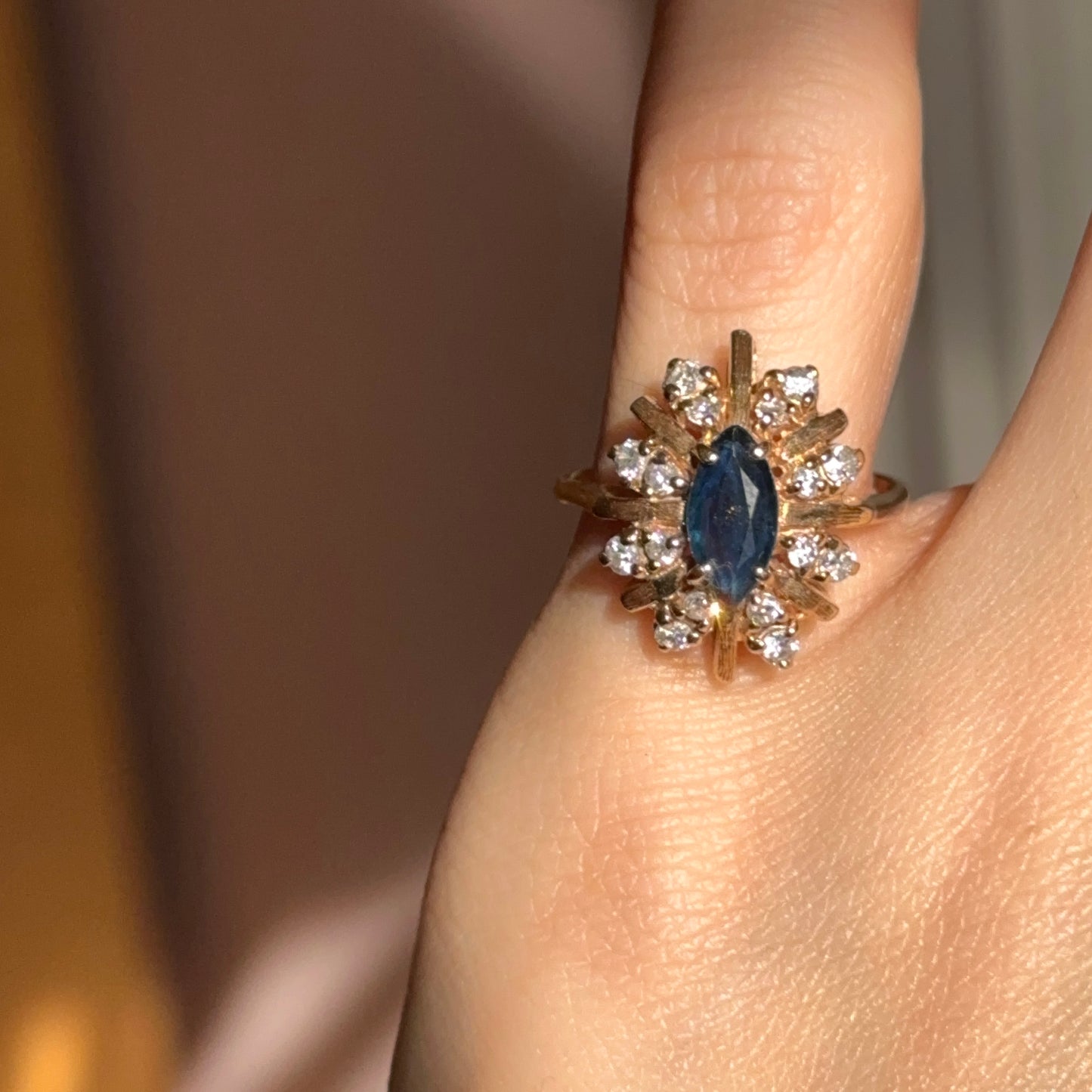 Estate 14KT Yellow Gold Marquise Faceted Blue Sapphire + Halo Round Diamond Accent Ring