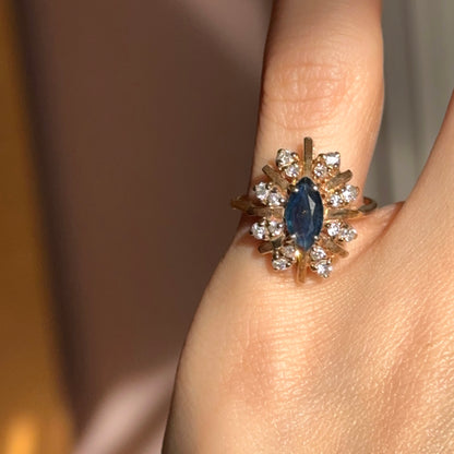 Estate 14KT Yellow Gold Marquise Faceted Blue Sapphire + Halo Round Diamond Accent Ring