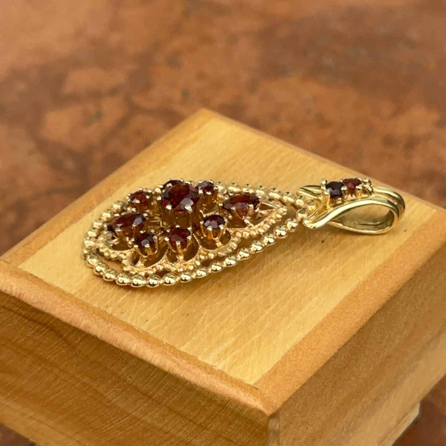 Estate 14KT Yellow Gold Byzantine Garnet Teardrop Pendant