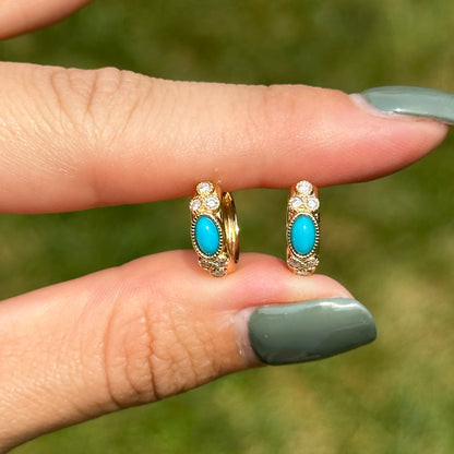 14KT Yellow Gold Turquoise + Diamond Huggie Hoop Earrings - LSJ