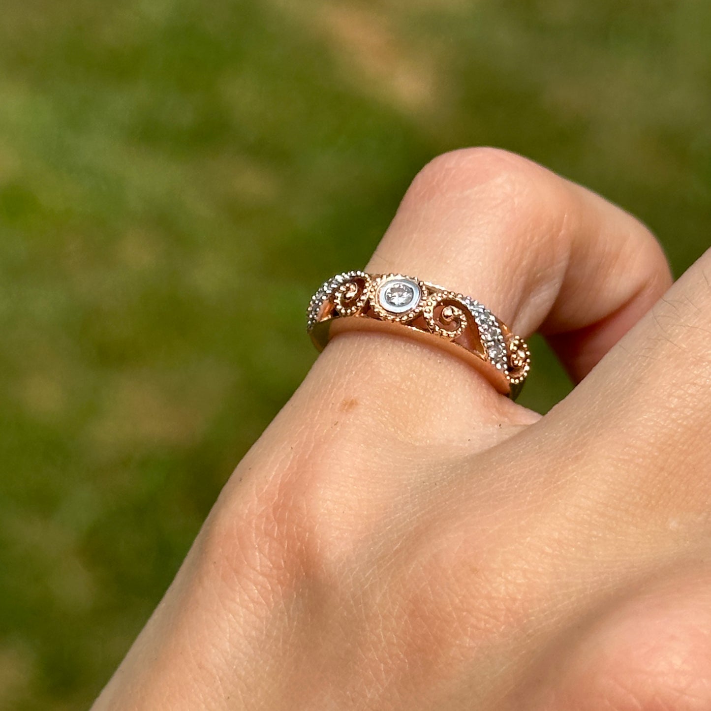 Estate 14KT Rose Gold Diamond Miligrain Swirl Ring